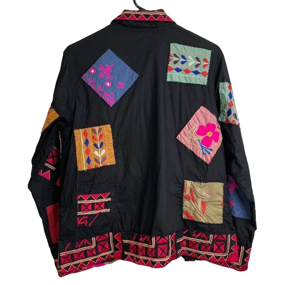Anu by Natural Floral Jacket Large Womens Black Pink Embroidered Boho Patchwork